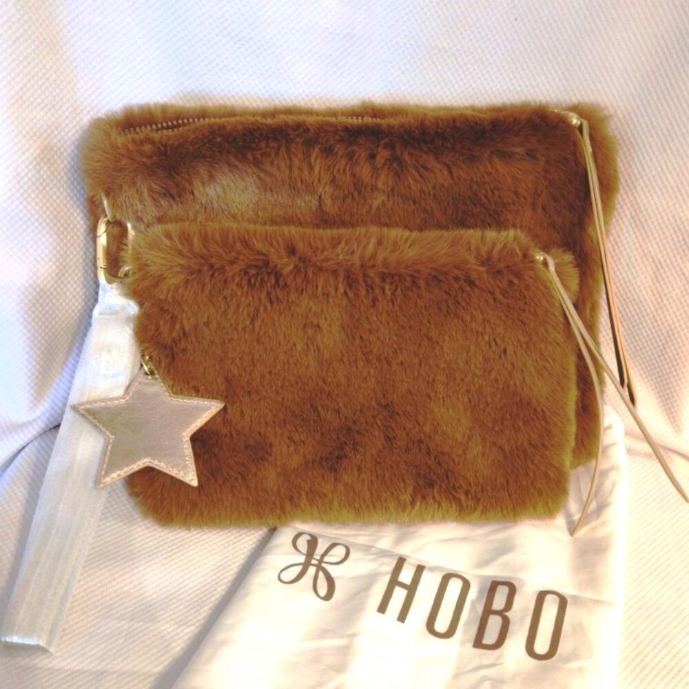 Hobo Faux Fur and Leather Wristlet Pouch Set of 2 in Medium Brown, NWT